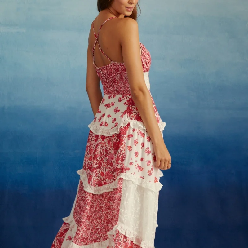 Vestido maxi boho floral Y2K – vestido feminino de alça espaguete com decote em V e babados em camadas para praia e férias de verão