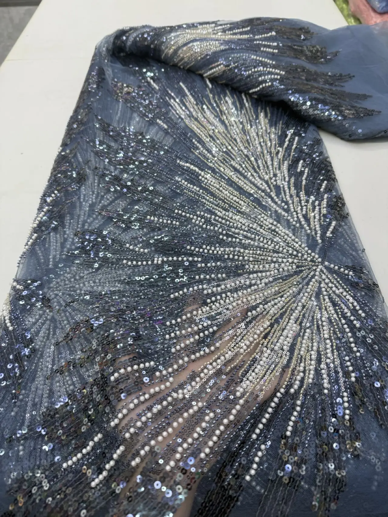 

African & French Lace Fabric Per Meter,5Yard Pink Mesh Tulle Fabrics With Sequin & Beaded, Suitable For Wedding Dresses Design