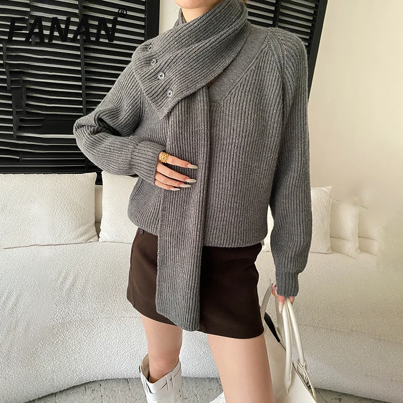 

FANAN Woolen Knitting Design Scarf Collar Pullover Sweater For Women Long Sleeve Thick Warm Tops Office Lady Clothing Winter New