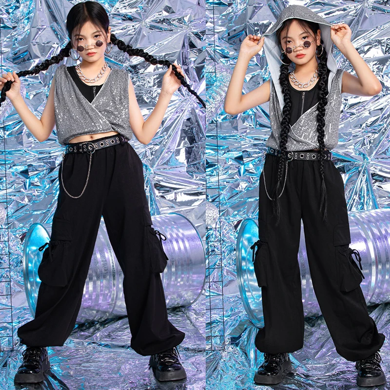 Child Ballroom Dance Clothing Girls Jazz Dance Costumes Kids Sequins Top Hiphop Pants Street Dancewear Kpop Outfits XS8160