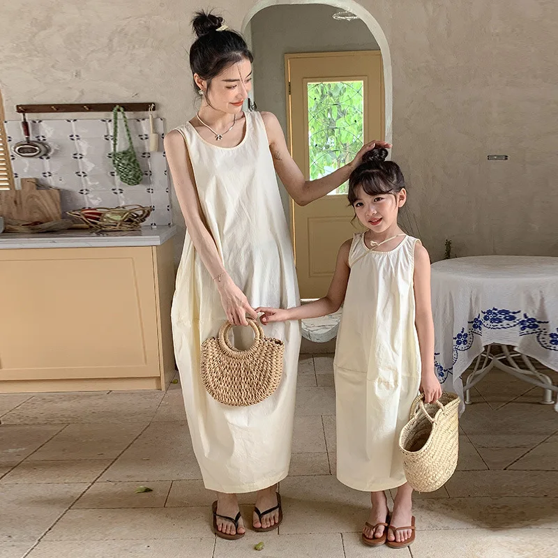 Parent Child Summer Dresses Korean Fashion Flower Bud Solid Color O-neck Sleeveless Sundress Mother and Daughter Clothes