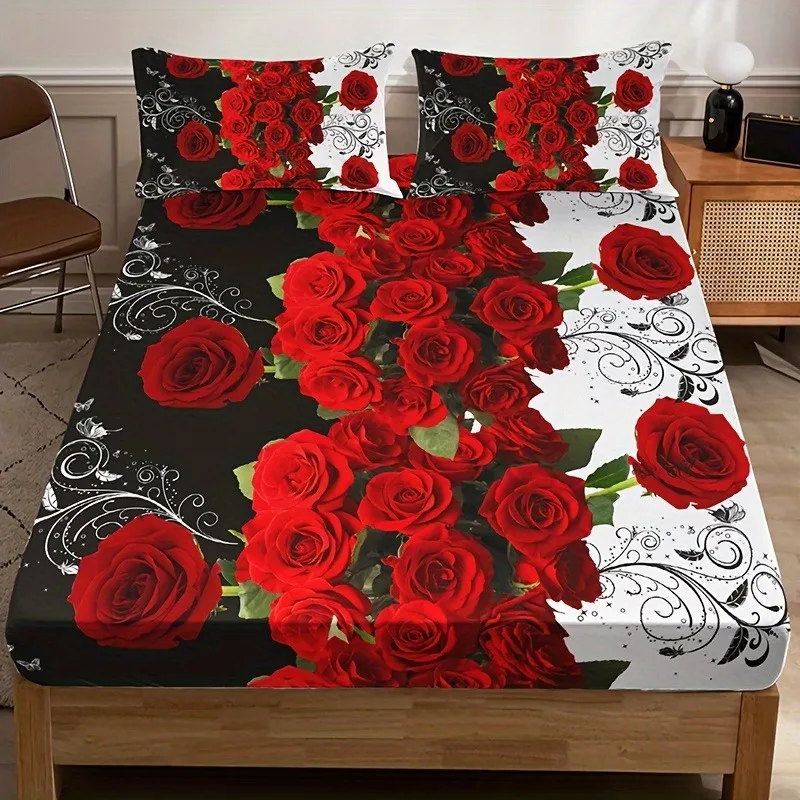 Vintage Red Rose Fitted Sheet Set Black White Swirl Pattern Floral Mattress Cover Romantic Bedroom Decor Bedding