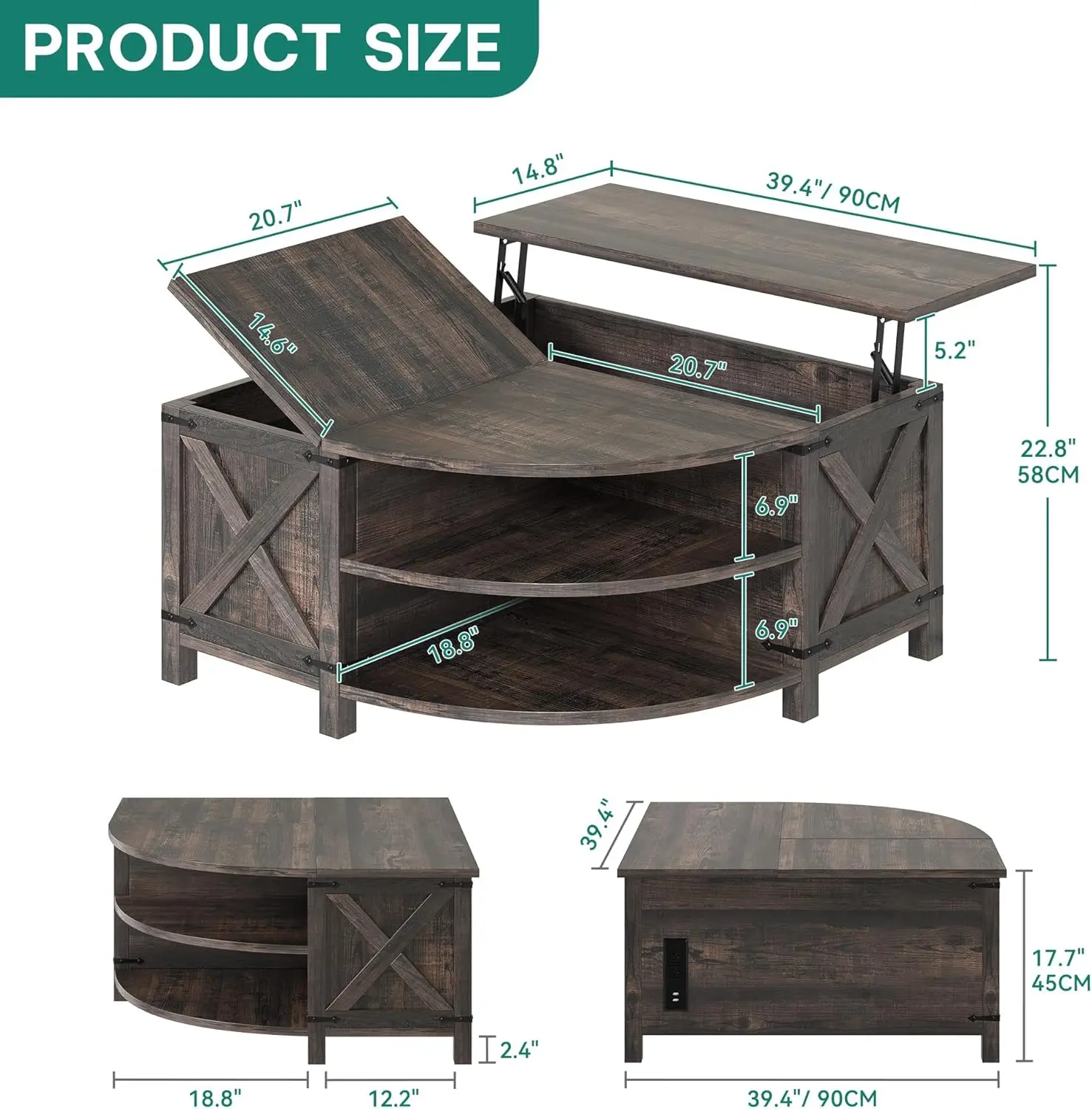 طاولة قهوة قابلة للرفع مع مساحة تخزين، طاولة مركزية معالجة بالخشب مع محطة شحن ومنفذ USB، طاولة غرفة معيشة كبيرة