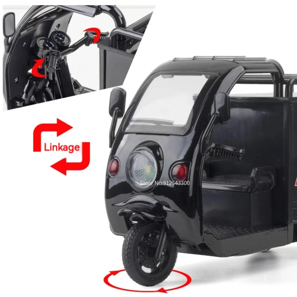 1/24 Express Delivery Tricycle Model Toy Car Metal Diecasting Sound Light Pull Back Three Wheeled Motorcycle Decorative Models
