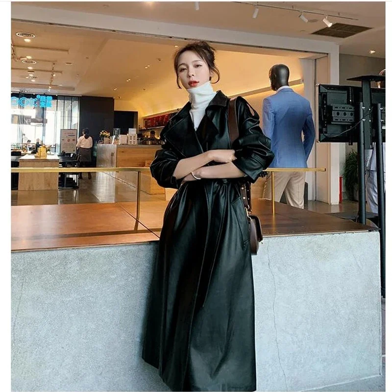 Spring Black Oversized Long Waterproof Leather Trench Coat for Women 2023 Long Sleeve Loose Korean Fashion Clothing