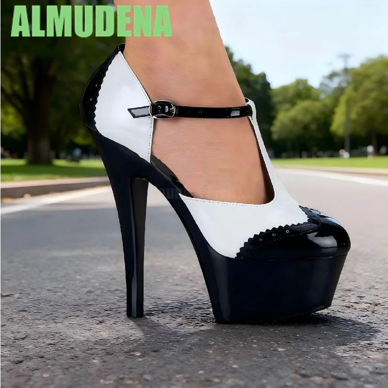 

Striped Color Blocked Pump Fashionable Black and White Simple Round Toe Waterproof Platform Ankle Buckle Design Slim High Heels