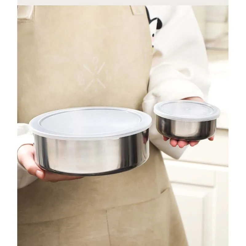 5 in 1 Stainless steel fresh-keeping box five piece set, kitchen refrigerator fresh-keeping storage can, round with lid