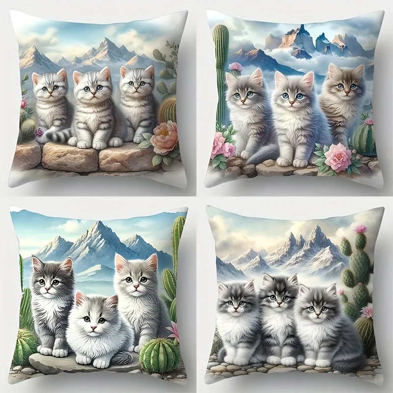 4Pcs Cute Kitten Pillow Covers 45x45cm Double-sided Printed Cushion Cases Cat Animal Home Decor Throw Pillows No Insert