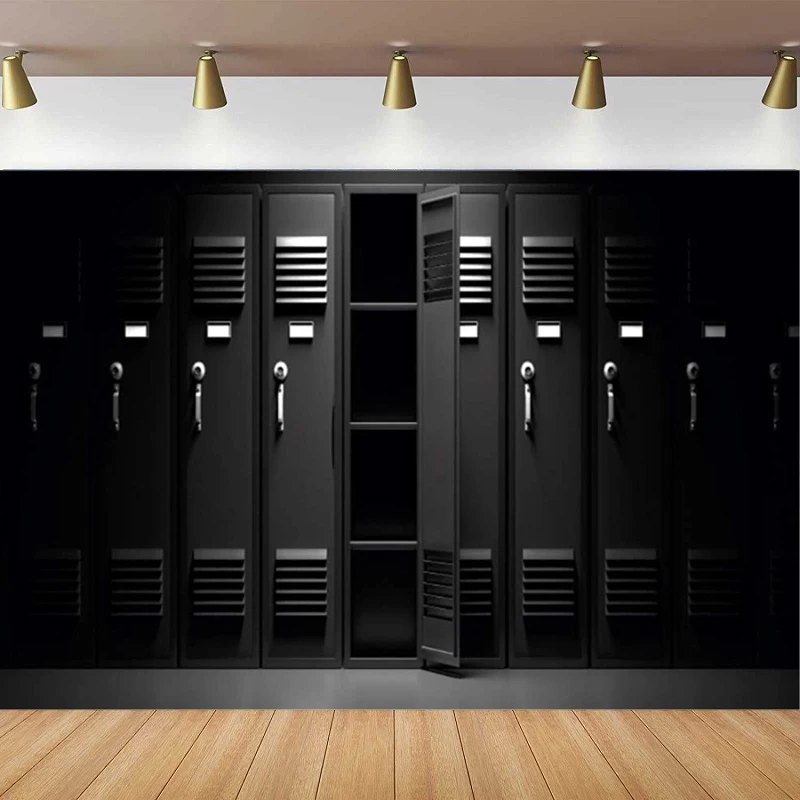 Black Locker Photography Backdrop Sports Gym School Background Stadium Locker Room Storage Banner Students Kids Adults Poster