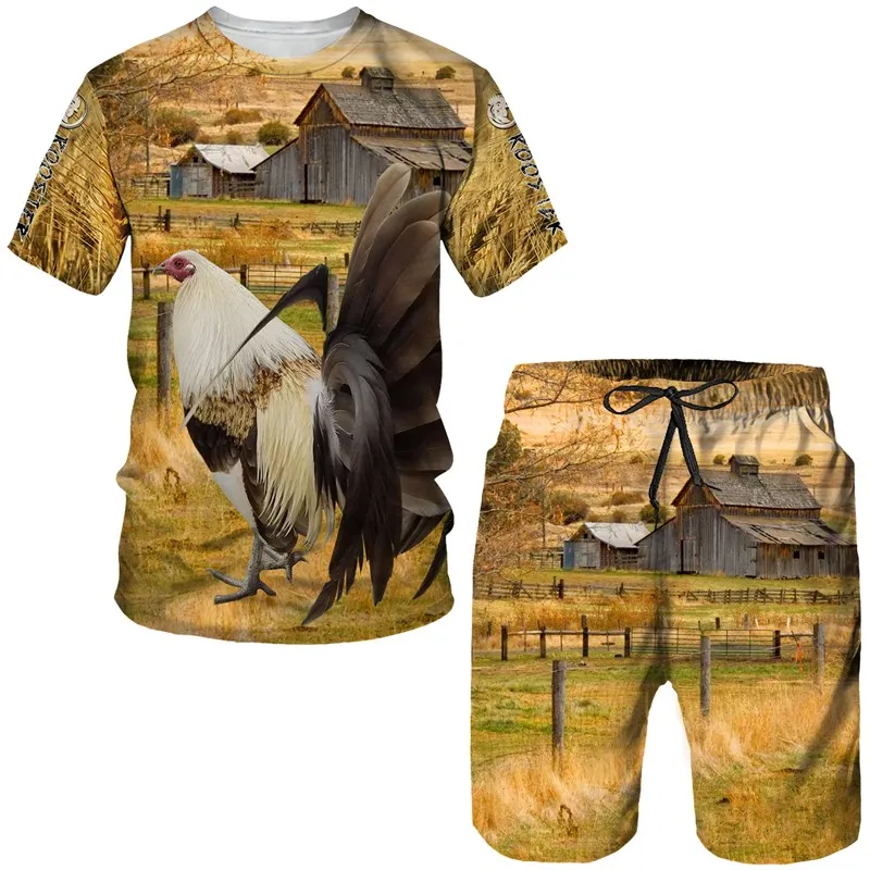 

Летняя камуфляжная футболка King Rooster для охоты, шорты, костюмы для мужчин, летние повседневные футболки с круглым вырезом, мужской спортивный костюм с 3D принтом, комплекты из двух предметов