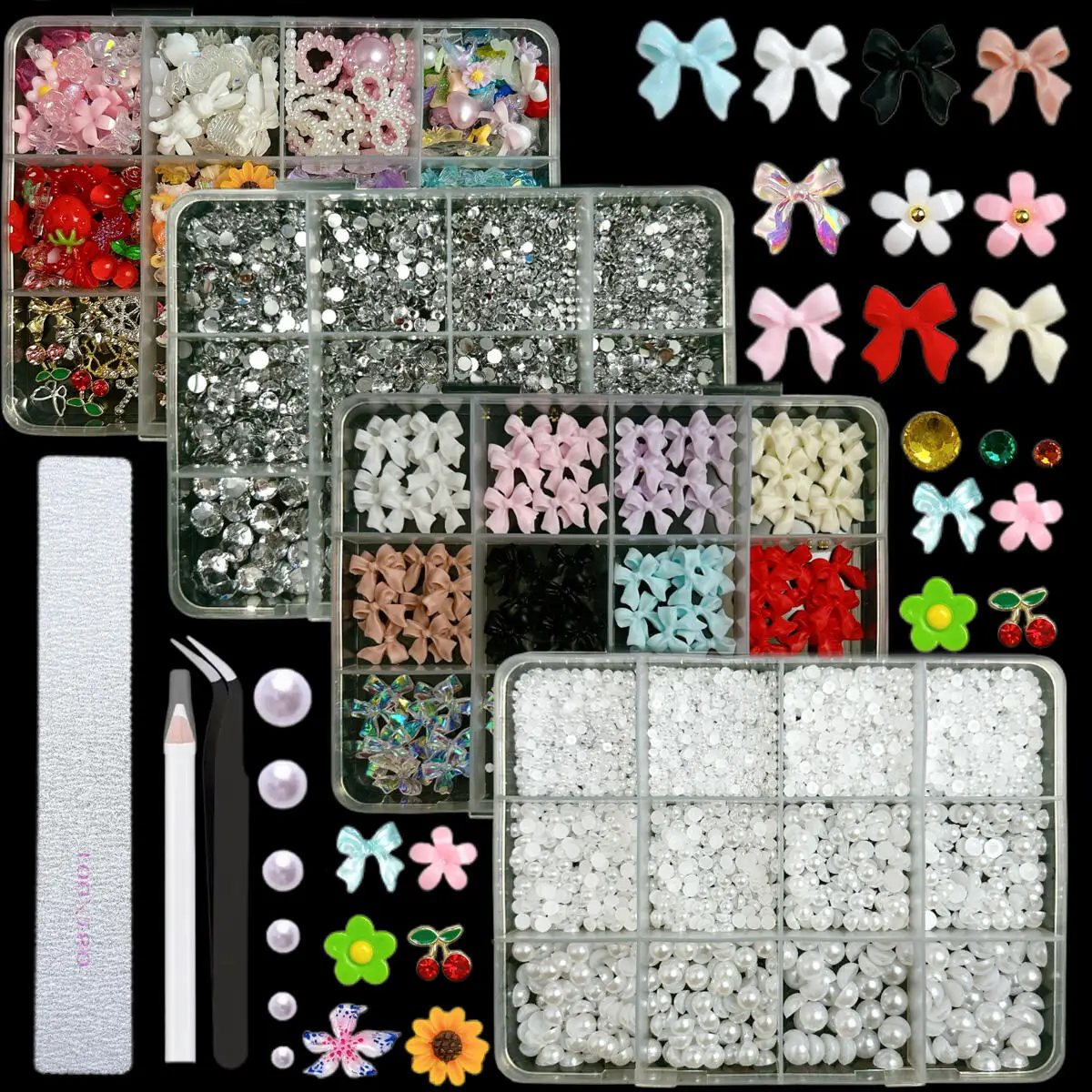 1 Set Of 4 Boxes Multi Style Rhinestone Simulation Pearl Nail Art Charm Colorful Flower Rose Bow Nail Art Decoration DIY Crafts