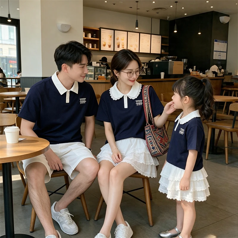 2026 Family Matching Outfits Mommy And Me Preppy Style Polo Tops Skirt Sets Vacation Casual Wear For Family