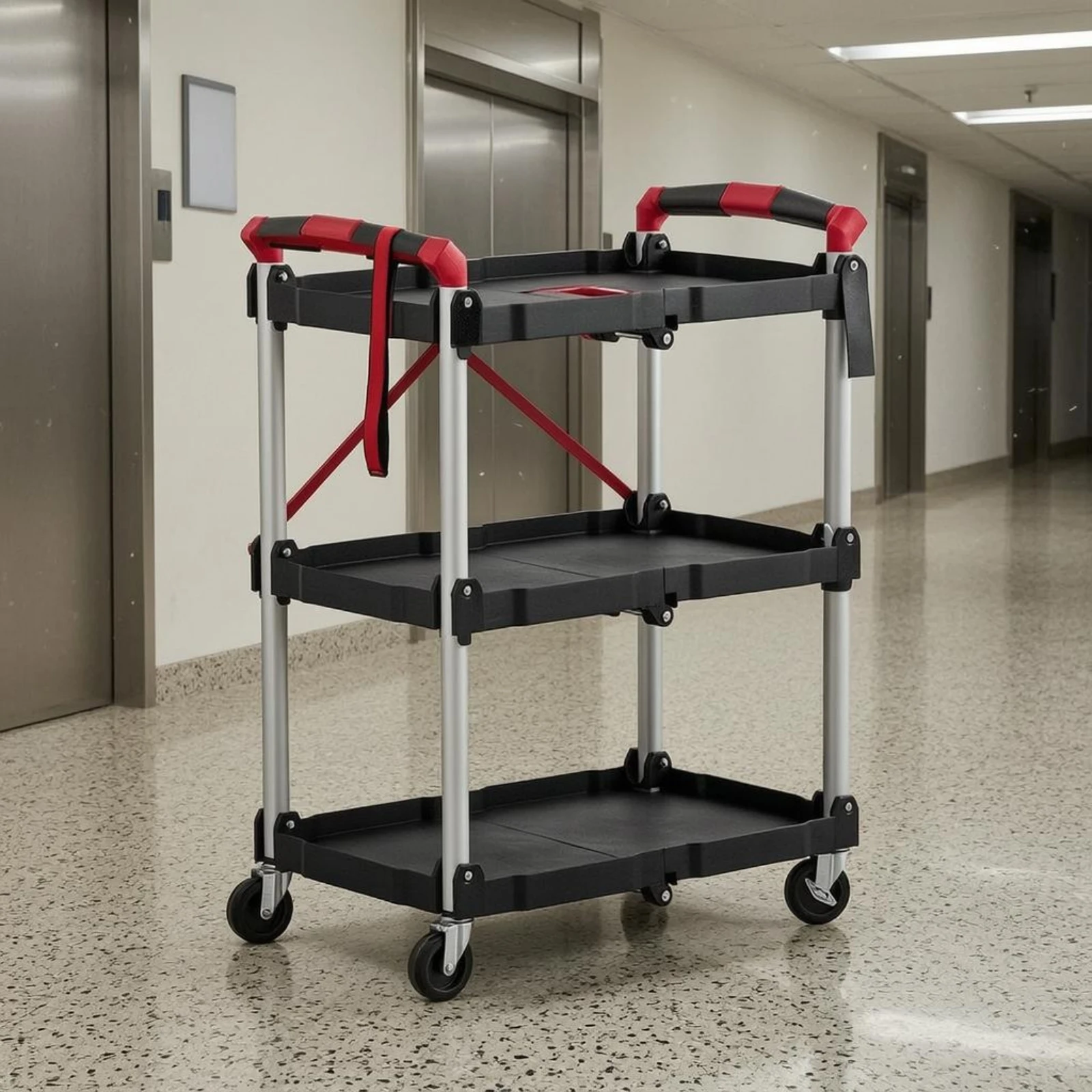 Three-Tier Folding Push Push Cart Padded Handles 3 Tier Rolling Push Cart Storage Trolley Wheeled Household Mover Sturdy