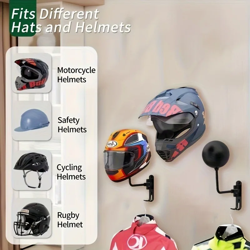

Wall Mount Motorcycle Helmet Holder 180°Rotation Football Bicycle Helmet Rack Helmet Display Hanger Stand for Caps With 2 Hooks
