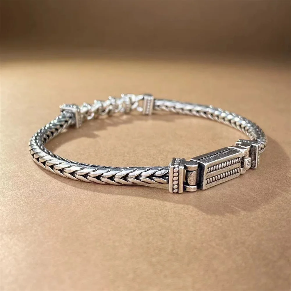 OUYADI 925 Sterling Silver Retro Textured Men Bracelet,Woven Rope Link Chain,Vintage Rectangle Bar,Birthday Gift for Boyfriend
