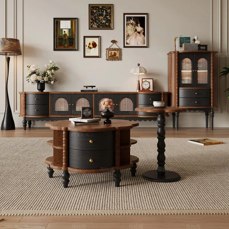French medieval solid wood coffee table small apartment retro living room home TV cabinet combination tea table petal coffee tab