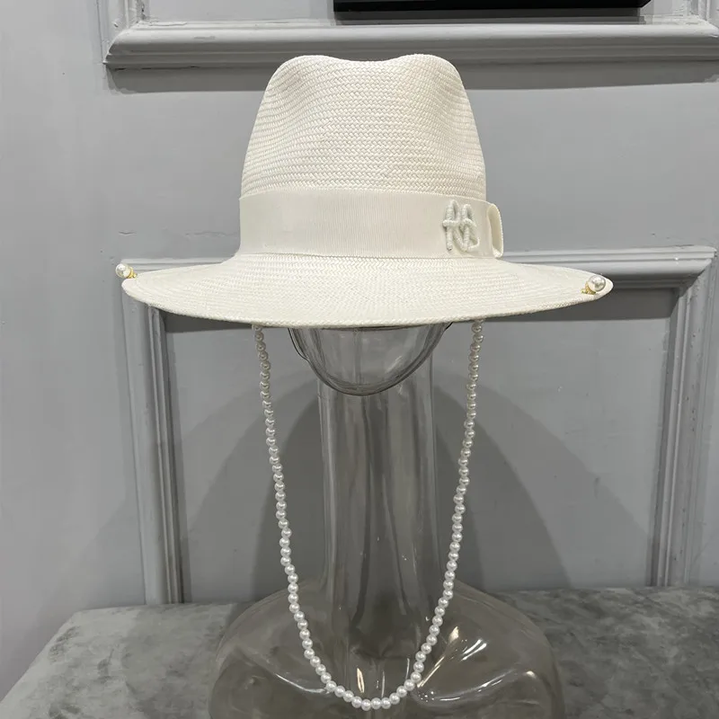 2024 summer new arrival Pearls-embellished Chain Strap Fedora Hat straw hat for women