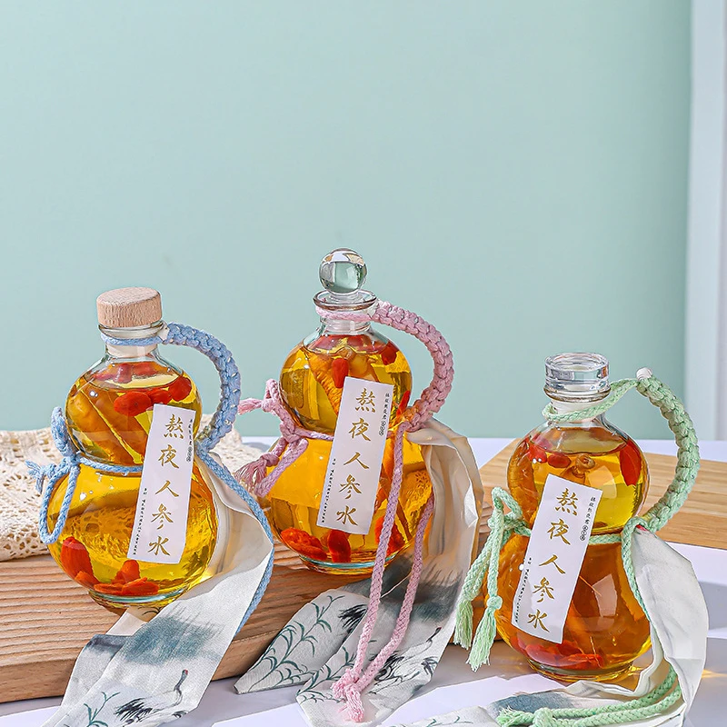 

Transparent Gourd Shape High Borosilicate Glass Wine Bottle Heat-resistant Glass Empty Bottle With Lid Milk Tea Bottle Cold Brew