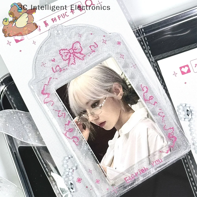 Pixel Style Kpop Photocard Holder ID Badge Holder Student Bus Card Protective Photo Sleeves Fashion Bowknot Photo Card Holder
