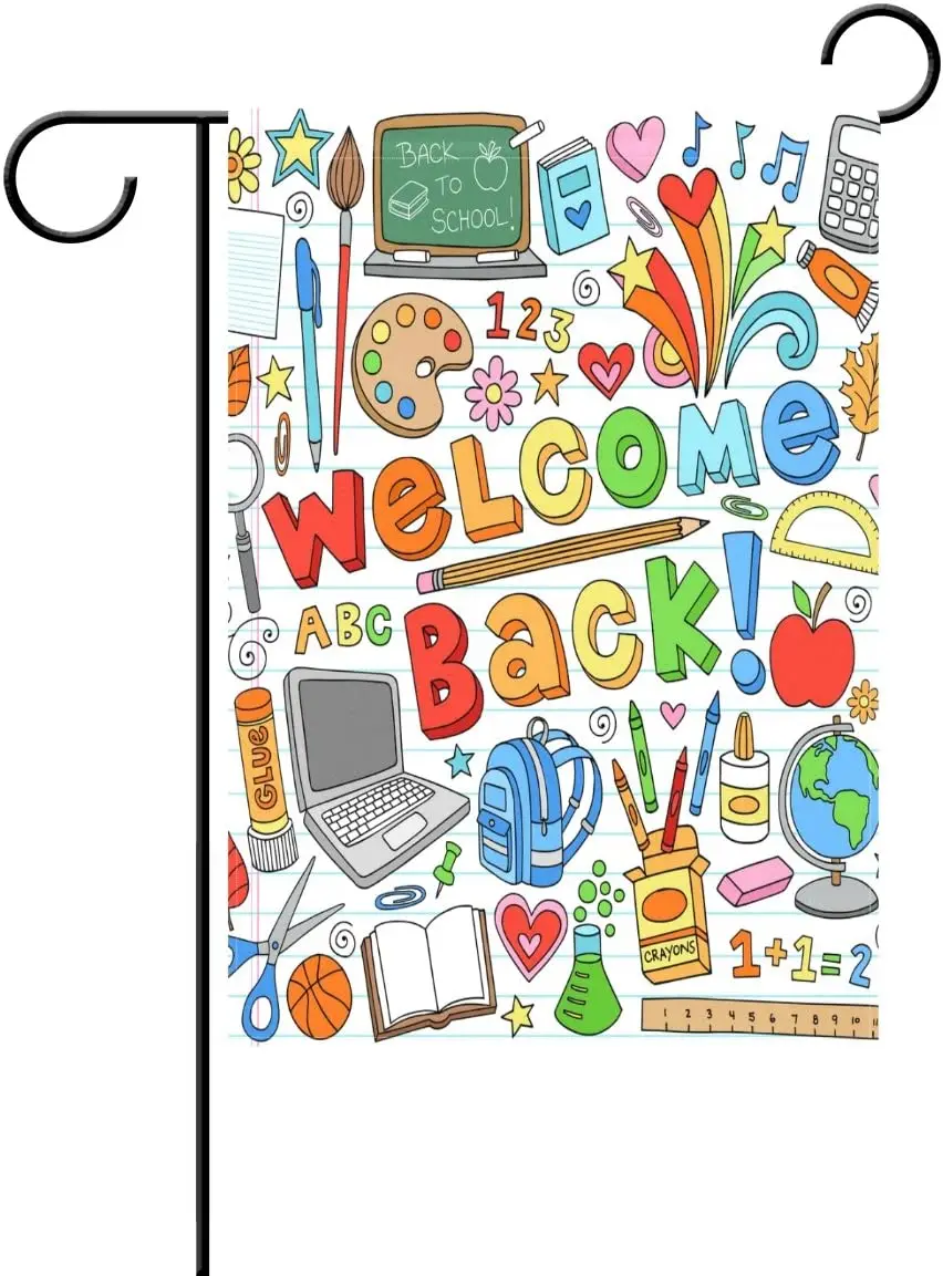 Simple Hand Drawn Welcome Back to School Decorative Garden Yard Flag Banner for Outside House Flower Pot Double Side Print Polye