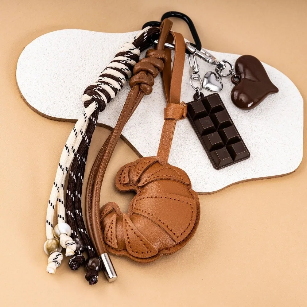 New Braided Rope Croissant Keychain Bread Shape Chocolate Mobile Phone Lanyard Leather Heart Bag Charms Ornaments Gifts