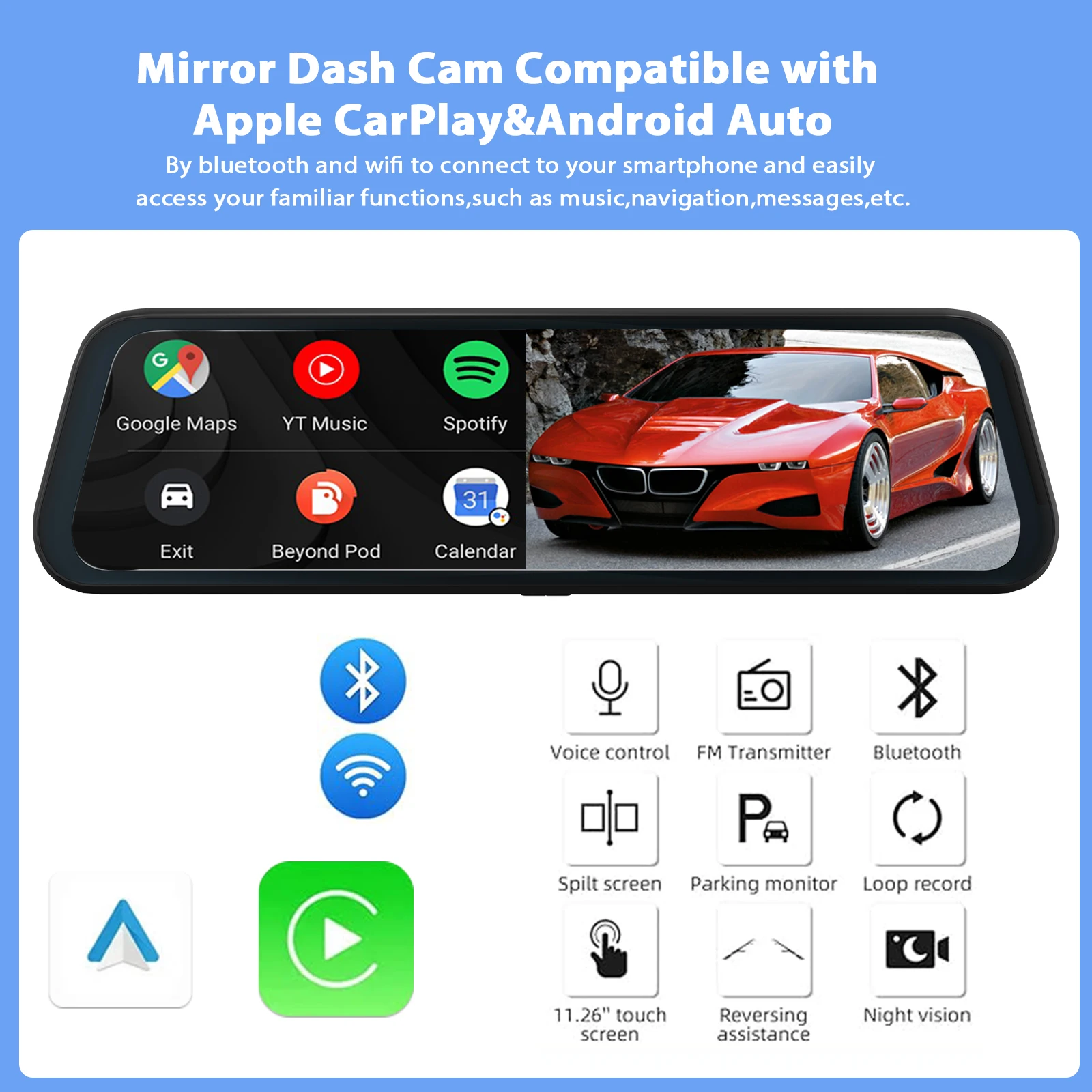 KQQ 9.66 inch Universal Car Radio Multimedia with 4K Mirror Dash Cam WiFi Wireless Carplay Android Auto GPS Navigation Player