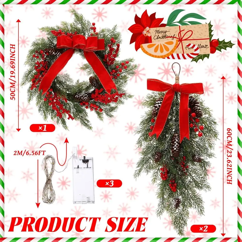 مجموعة 24 إكليل عيد الميلاد الاصطناعي المضاء مسبقًا مع الصنوبر والسرو والأقواس والتوت لديكور العطلة الخارجية #2