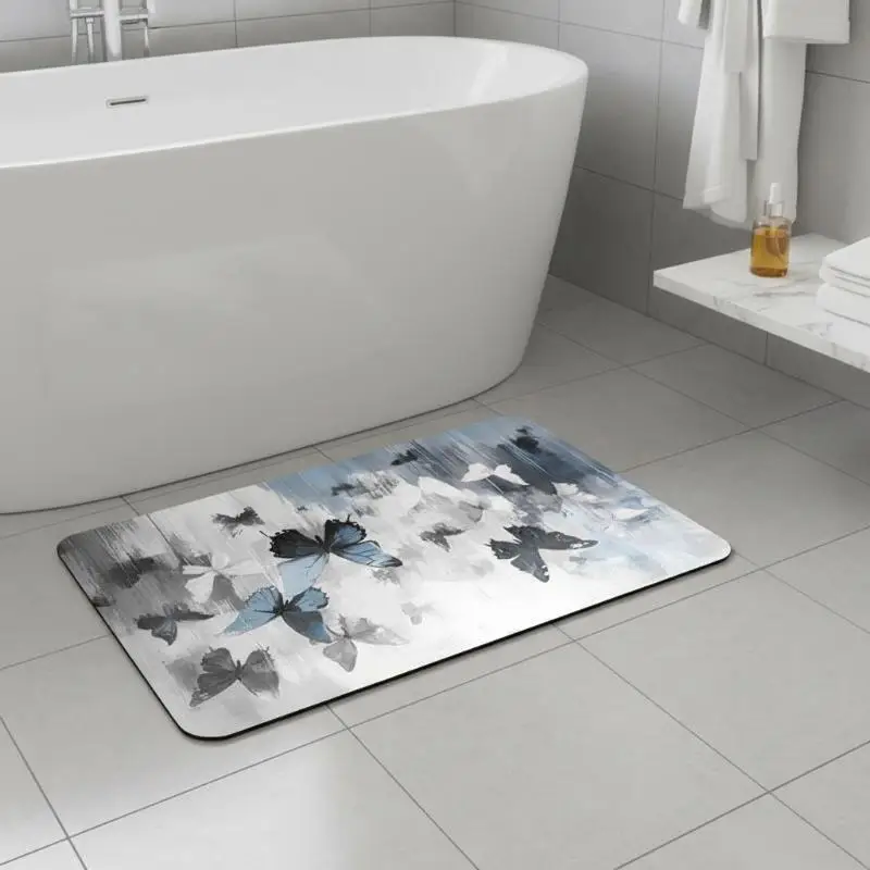 Butterfly Print Diatomite Entry Mat Non Slip Quick Dry 40x60cm Absorbent Floor Rug for Kitchen Sink Area