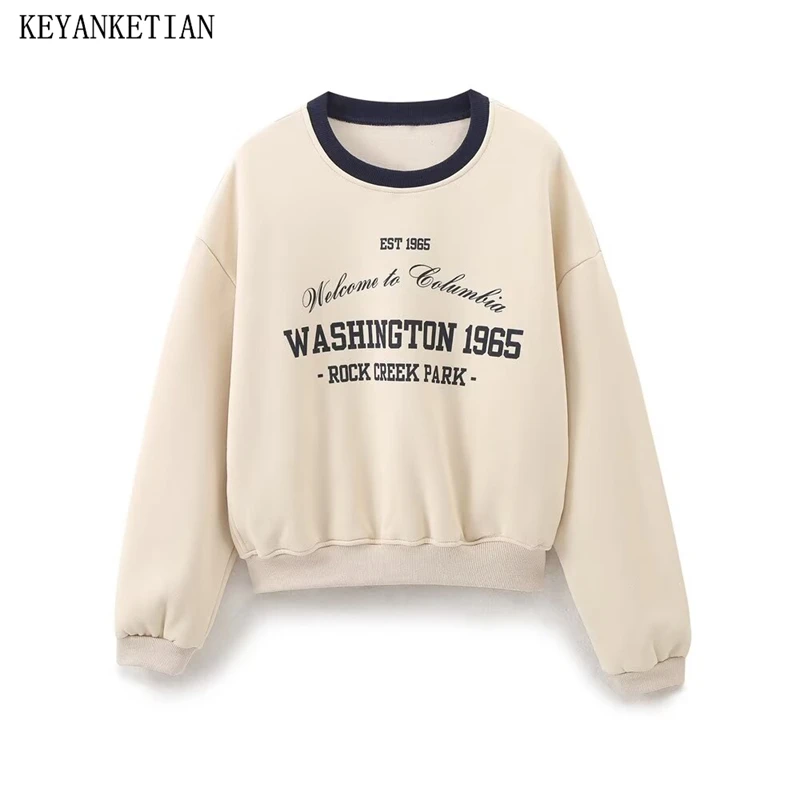 

KEYANKETIAN 2024 Autumn/Winter New Women's Letter Print Hoodies Pullover American Retro O-Neck Oversize Loose Sweatshirts Top