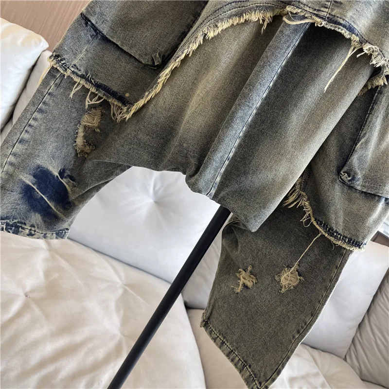 Personalized Trendy Street Hip Hop Jeans Women 2024 Spring Summer New Elastic Waist Loose Trouser Pants LX458S