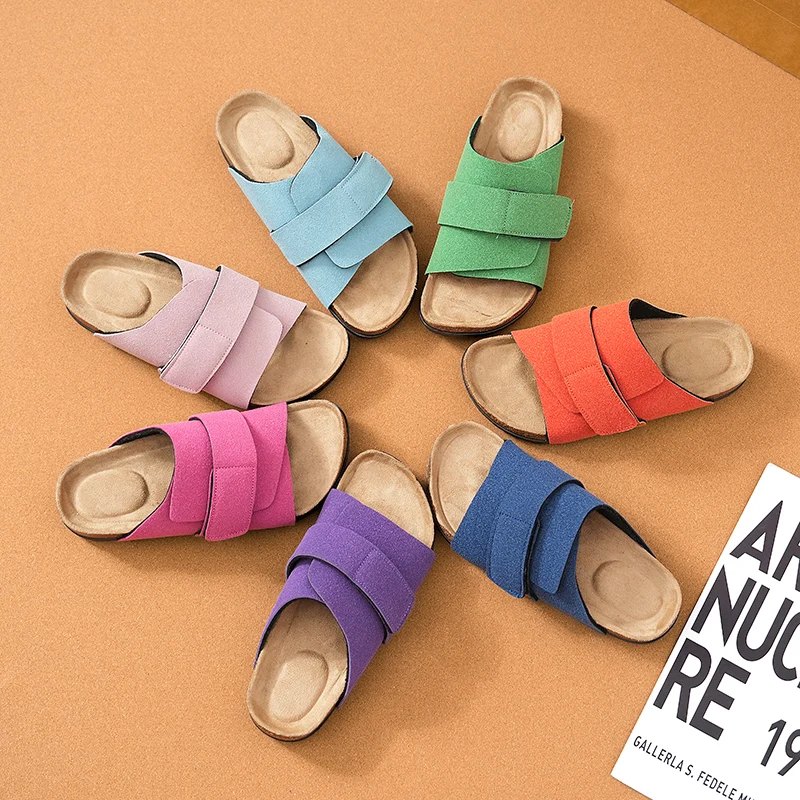 夏の女性用スエードレザーコルクスリッパ-クロッグ-調節可能なフラットサンダル-オープンシューズ-スライド-レディース-快適-室内-屋外