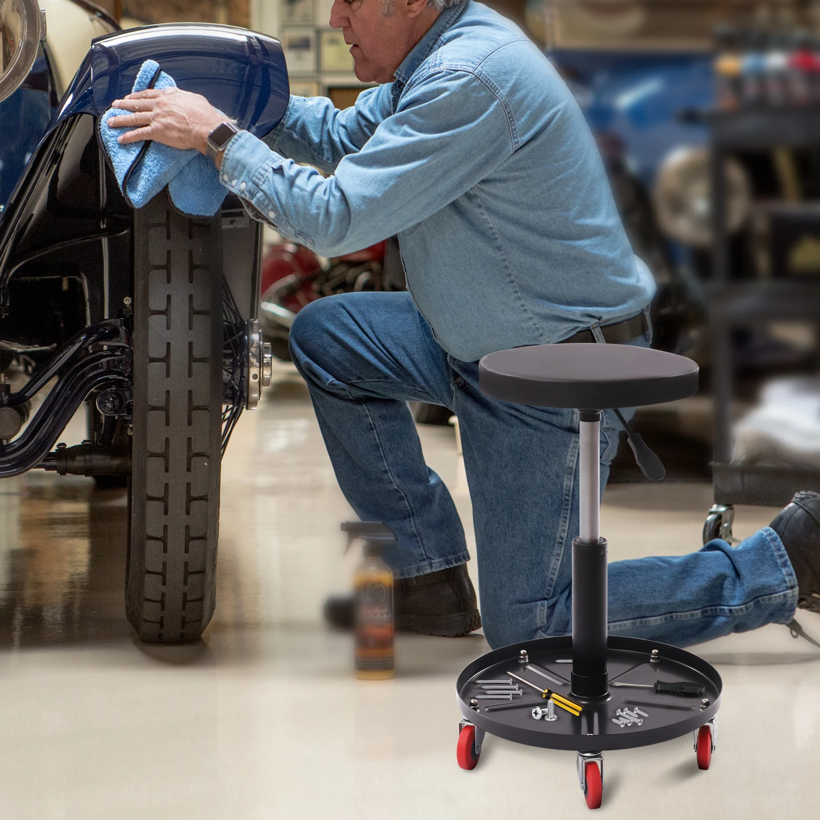 Sedile a rotelle per carichi pesanti, sgabello girevole regolabile, con vassoio per attrezzi, per officina in garage e negozio di riparazioni auto, nero