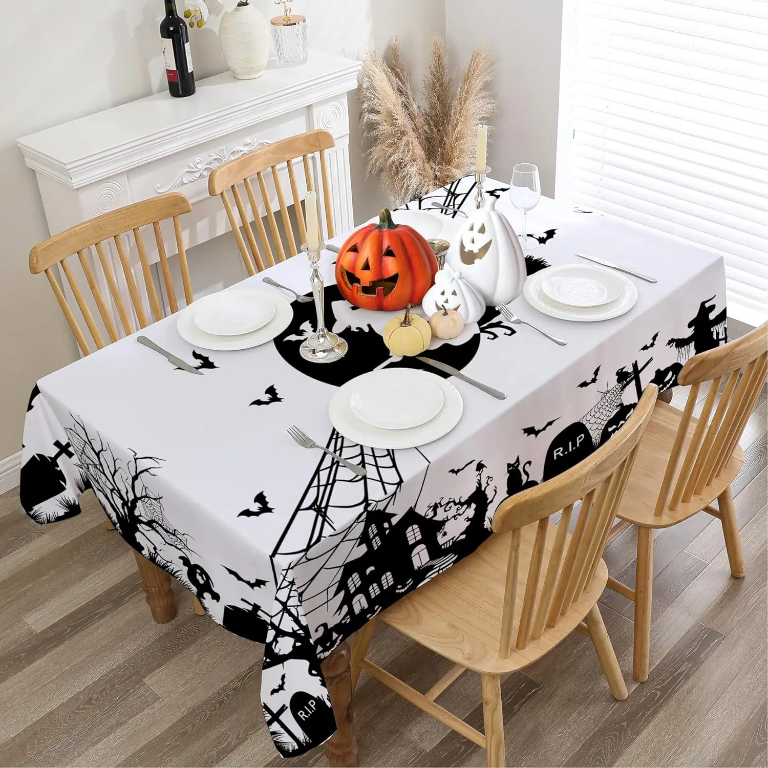 Halloween Witch Castle and Jacks Lantern Rectangle Tablecloth Dining Room Decor Waterproof Tablecloth Halloween Decorations