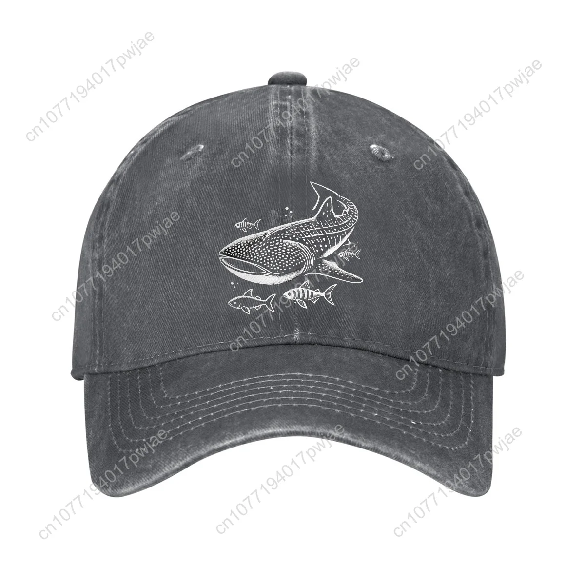 [Whale shark] Men's & Women's Whale Shark Print Adjustable Snapback Cap - Lightweight Washed Denim-like Black/Dark Grey -like Te