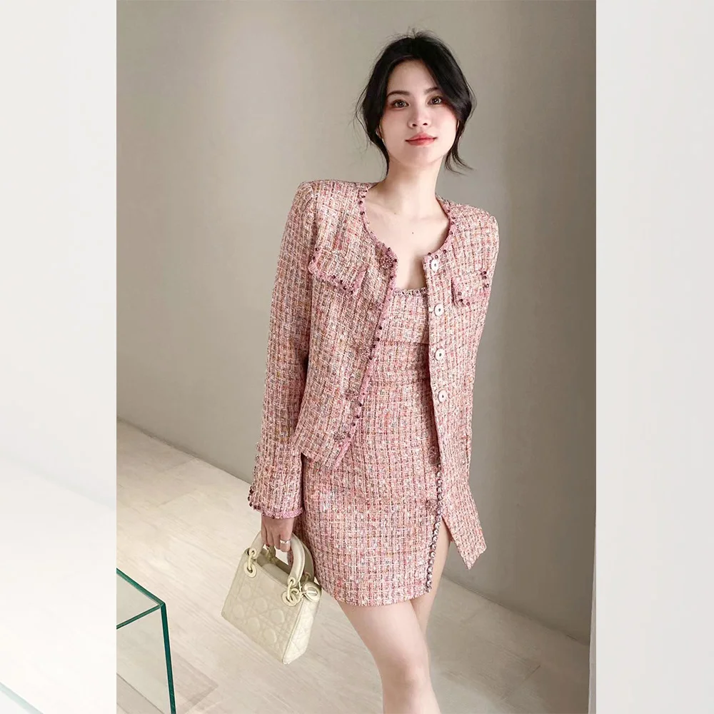 Women single-breasted pink tweed set short gold round collar female jacket dress