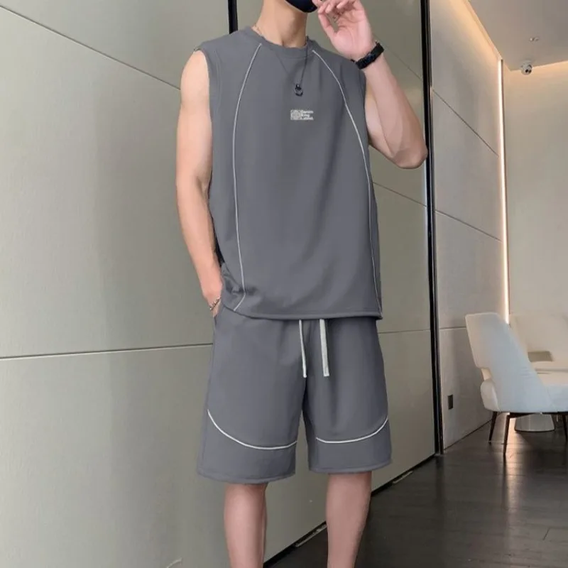 

Мужской летний спортивный костюм из ледяного шелка: дышащий, быстросохнущий, безрукавка для баскетбола, комплект из двух предметов