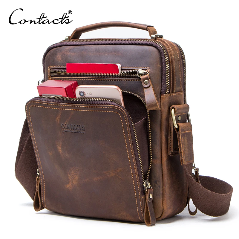 CONTACT'S Crazy Horse Lederen heren Schoudertas Vintage Messenger Bags Mannen Bolsos Mannelijke Crossbody Tassen Man Handtas Sling Bag