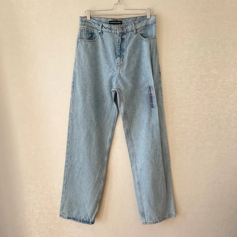 

High Street Y/project Folded Embroidery Washed Blue Loose Casual Jeans Men Women Casual Pants Men's Clothing Women's Clothes