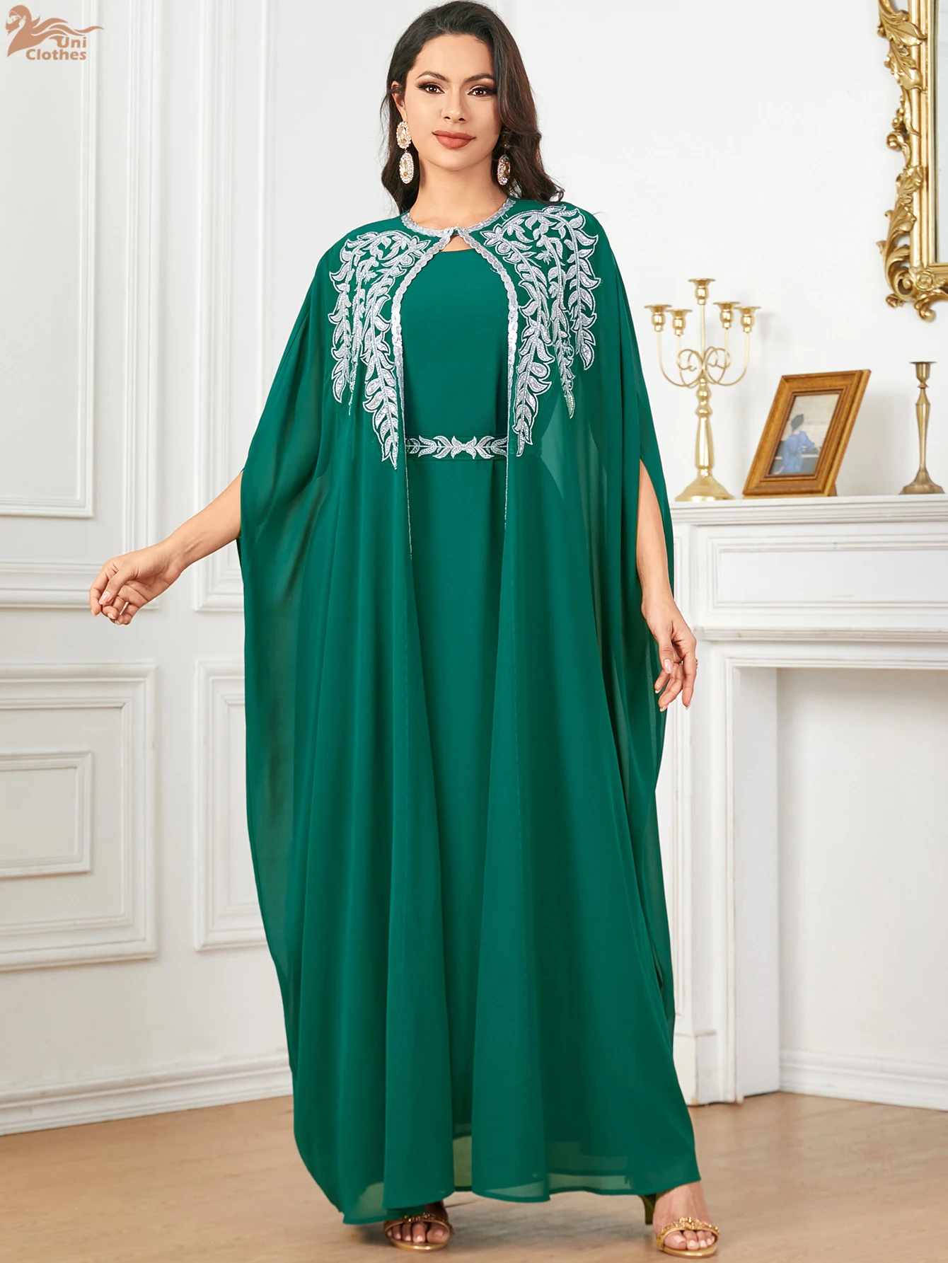 Uni Ramadan Muzułmańskie Eleganckie Haftowane Długie Sukienki Dwa Kawałki Z Szarfami Dubaj Marokańska Kebaya Batwing Sleeve Abayas