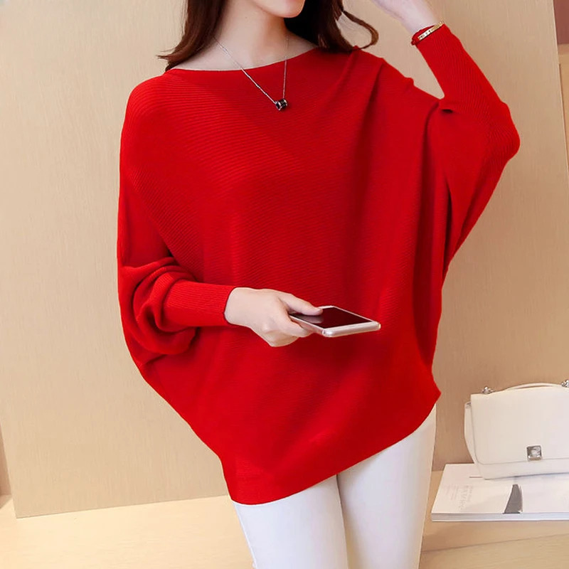 

Pullovers Elegant Fashion Casual Long Batwing Sleeve Slash Neck Loose Knitted Solid Tops Spring Autumn New Women's Sweater F01