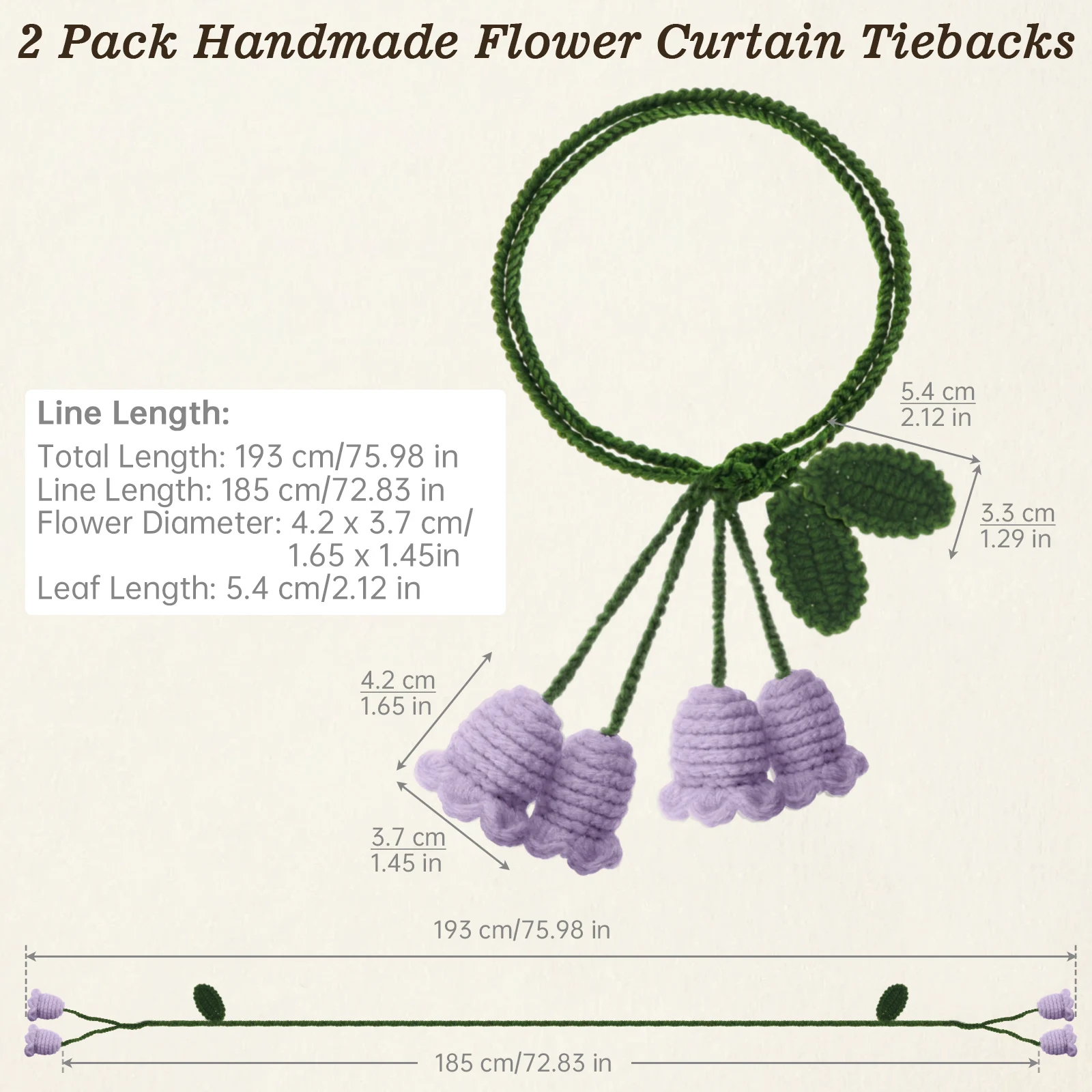 2 pcs Handmade Flower Curtain Holdbacks for Sheers & Blackout Curtains, No Drill Rope Curtain Holder Curtain Tiebacks