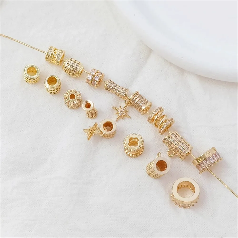 

14K Gold-plated Micro-inlaid Zircon Large-hole Barrel Beads Rice Beads Spring Small Waist DIY Handmade Jewelry Accessory Materia