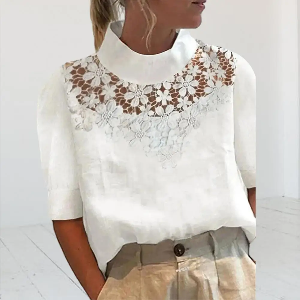 Vintage Spring Summer White Tops Mujer Casual Lace Patchwork Women Cotton Linen Blouses Chic Leisure Stand Collar Blouse Tunics