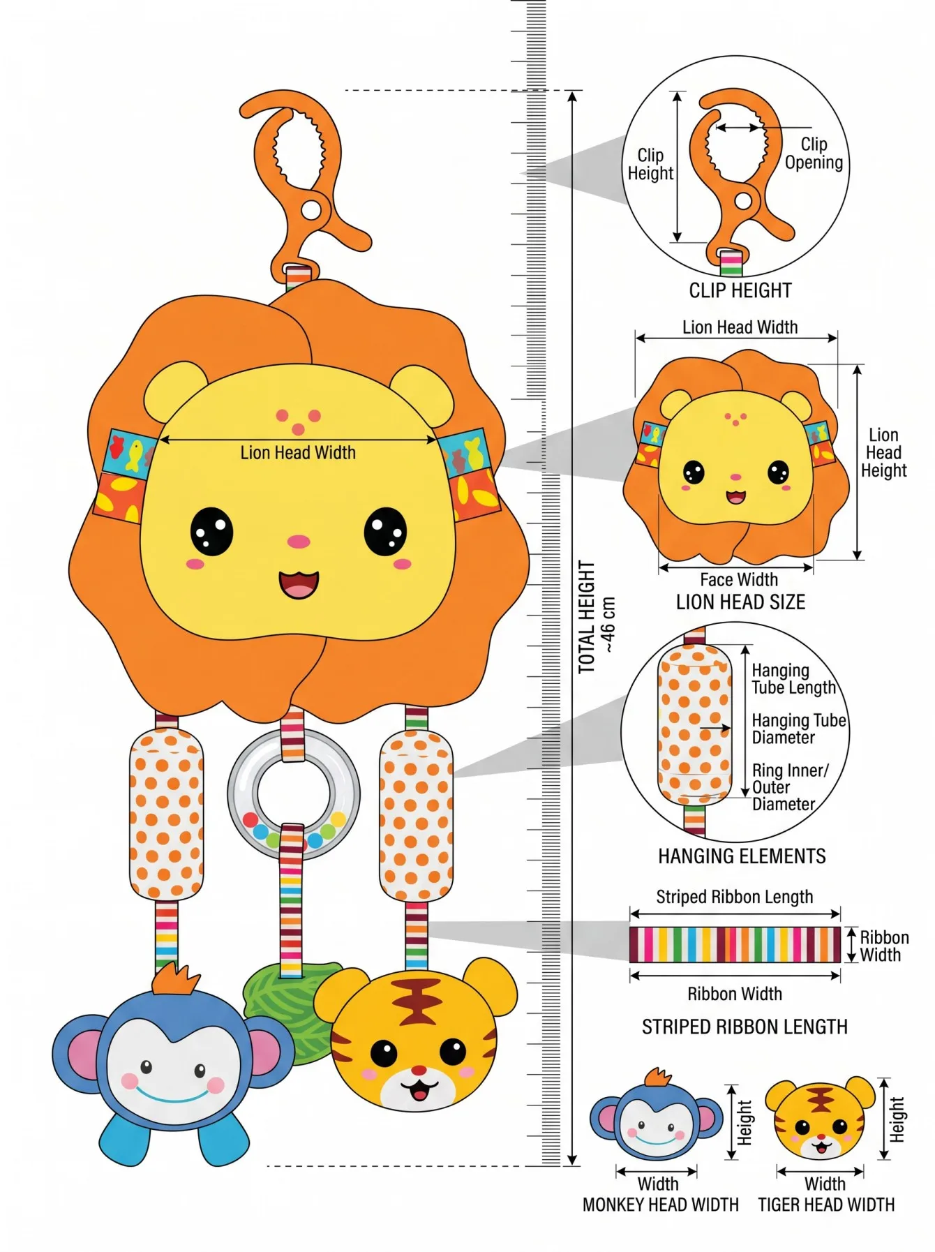 Baby Plush Hanging Toy-Lion Stroller Rattle with Teether&Crinkle Ears for Newborn Sensory Development, Crib&Car Seat Travel