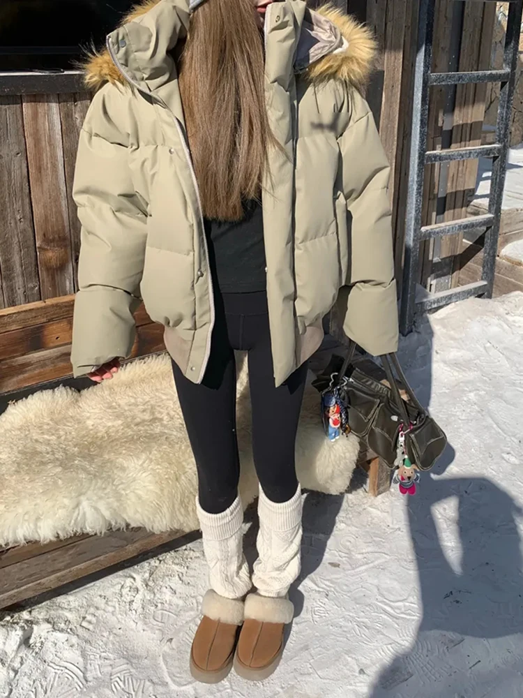 الشتاء بولي Leather الجلود الدافئة سترات الإناث Y2K الكورية سميكة فروي المحاصيل مقنعين معاطف فضفاضة Preppy سترة منفوخة سستة رقيق أسفل معطف