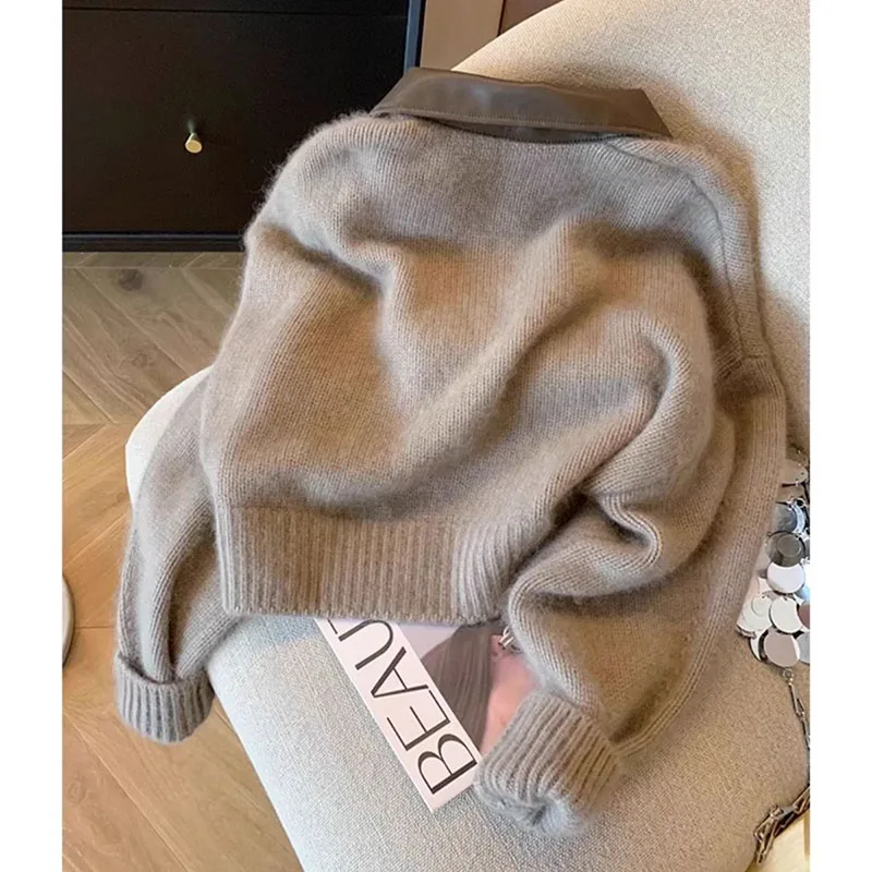 New Autumn Winter New knitted Cardigan Sweater Women Fashion Long-Sleeved Short Splicing leather Collar zipper Female Sweater