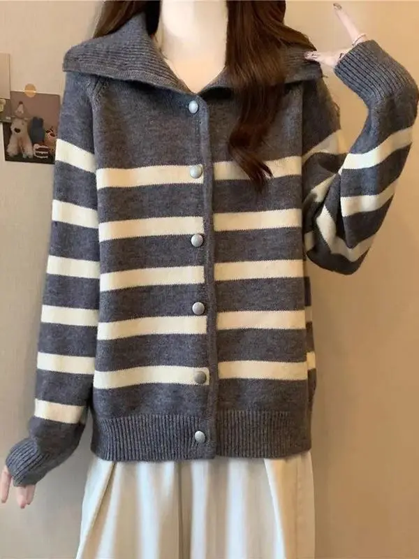 Women's Knitted Open Cardigan Long Sve  Collar Loose Faionable Spring Autumn New Sle Single Button Sweater Coat