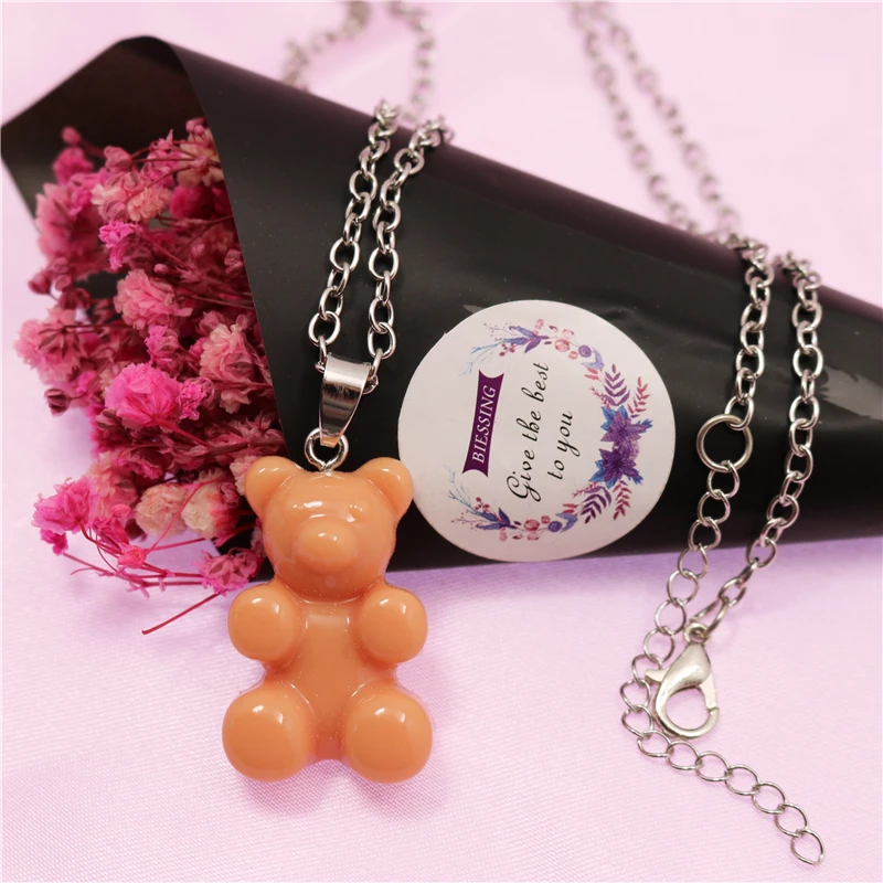 New Cute Candy Color Resin Gummy Bear Pendant Necklaces for Women&Girl Daily Hip Hop Jewelry Party Gifts Femme Bijoux