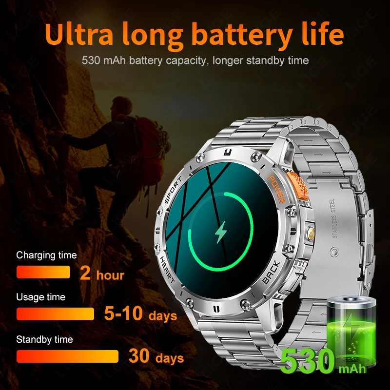 LIGE AMOLED Full Touch Screen Smart Watch Men 530mah Large Battery Ourdoor LED Flashlight Smart Clock BT Call Mens Smart Watches