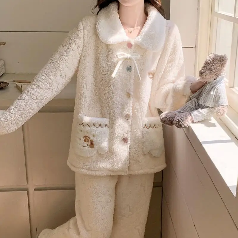 

Women's Pajama Set Flannel Long Sleeve Autumn Winter Warm Thick Comfortable Sleepwear Loungewear Home Clothes Pants Two-Piece